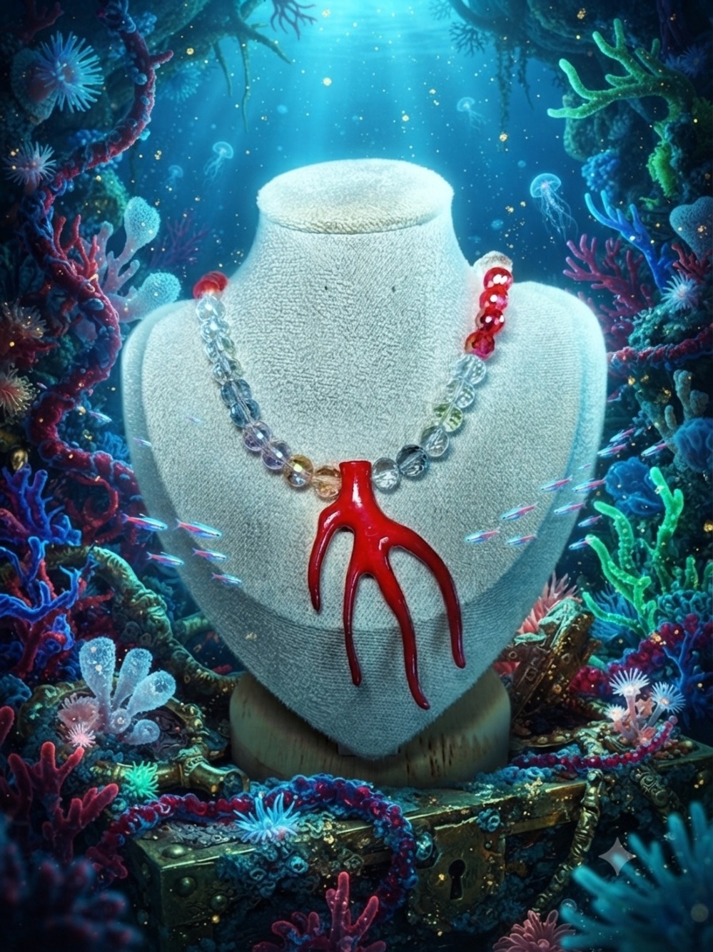 One of a Kind Red Coral Pendant Necklace with Crystal Multicolor Beads Magnetic